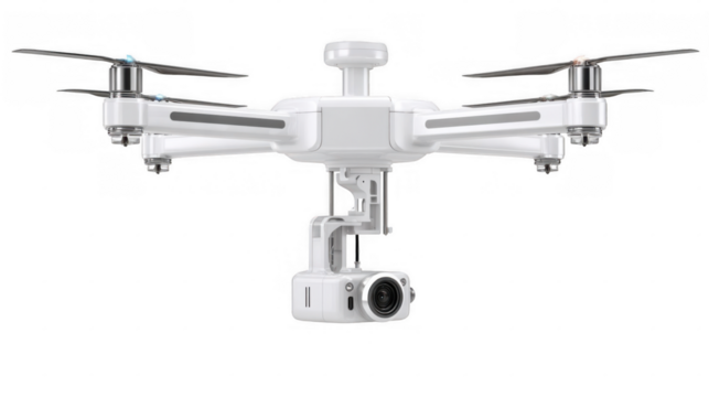 White medical drone hovering with camera attached, on transparent background, ready for emergency delivery or medical assistance, representing technology in healthcare