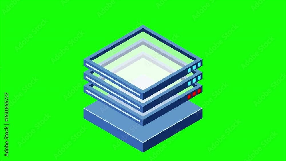 Poster Isometric futuristic server animation. Isometric database or data center. Abstract blockchain. Computer storage. Cloud storage. 4K video animated in isometric style