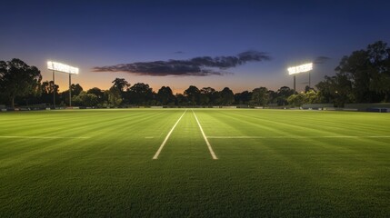 Obraz premium Twilight view of an illuminated sports field with lines and floodlights.