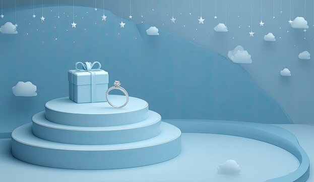 Light blue 3D scene with gift box and ring