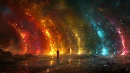 Fototapeta premium Contemplative man observing colorful energy formations outdoors