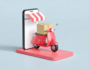 A 3D rendered image showing online delivery concept with a scooter and package.