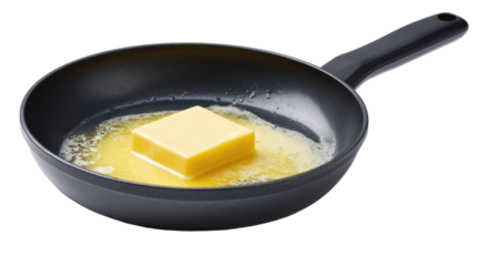 Frying Pan with Partially Melted Butter in Early Stage on Transparent Background

