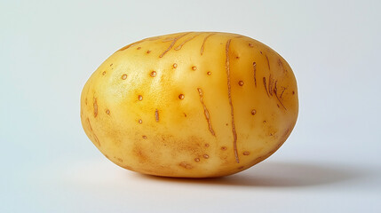A whole raw potato with earthy brown skin placed on a plain white background.
