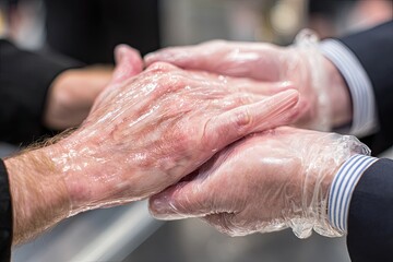 Close-up of two hands clasped, wearing clear plastic gloves