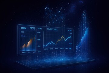 Holographic financial dashboard floating in space with real-time market data streams creating light sculptures