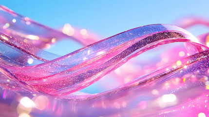 Glowing pink helix with sparkling water drops and glossy texture, abstract background with vibrant colors and dreamy, futuristic atmosphere, close up view
