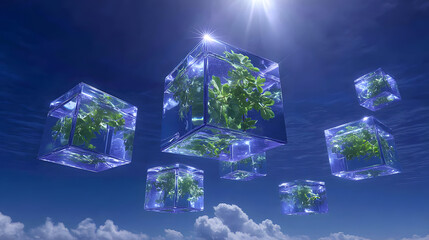 Floating glass cubes containing green plant leaves hover in bright blue sky, symbolizing futuristic luxury skincare ingredients and innovation in serene, uplifting atmosphere