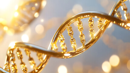 Golden DNA helix spiral structure glowing light closeup abstract science biotechnology genetics futuristic white background luxury innovation hope