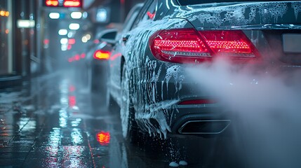 Car wash at night, soapy water, city street.