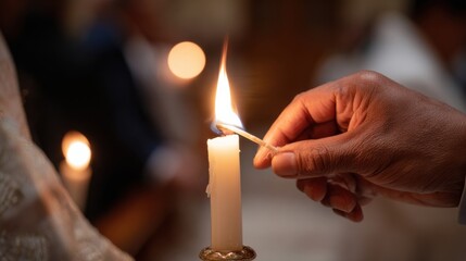 Closeup of a baptismal candle being lit by the pastor, representing the light of Christ entering into the life of the baptized person.