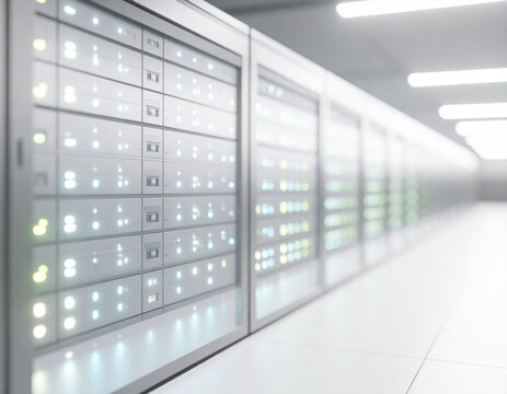 A server room with rows of data storage units, lights blinking, creating a blurred perspective.