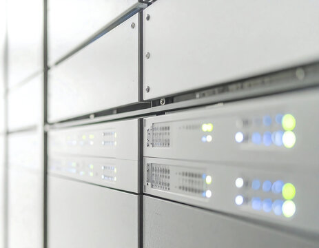 Close-up of sleek, white network servers in a data center rack, showcasing illuminated indicator lights.