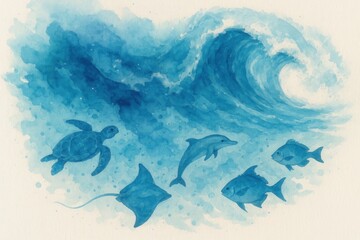 Watercolor paint transforming into living ocean waves with marine life swimming through pigments