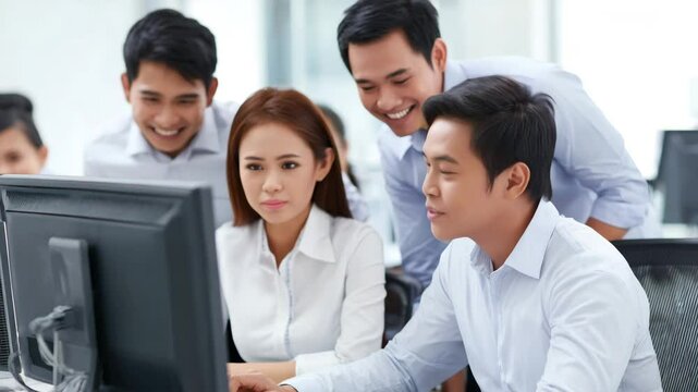 Tech business office workers working together looking at computer monitor