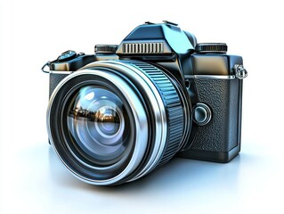 Sleek black DSLR camera with large lens, shining highlight