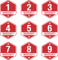 1–9 Years Warranty Hexagon Sticker Set – Red Vector Product Quality Badges with Star and Diamond for Unique Warranty Labels

