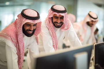 Tech business office workers working together looking at computer monitor