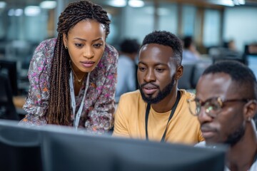 Tech business office workers working together looking at computer monitor