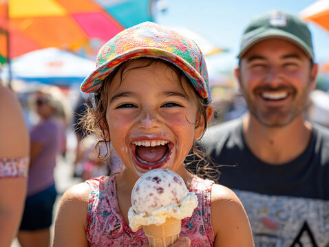 Family enjoying garlic ice cream at the Gilroy Garlic Festival, kids laughing with sticky fingers, parents surprised by the sweet-savory flavor, colorful umbrellas and crowd behind. 