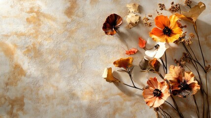 Watercolor fall composition with orange and brown florals, painted delicately over a beige background