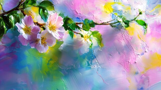 Watercolor ink painting of spring flowers and bright green leaves on a soft pastel abstract background, elegant and vibrant