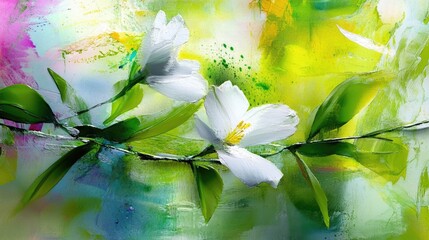 Watercolor ink painting of spring flowers and bright green leaves on a soft pastel abstract background, elegant and vibrant