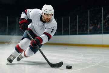 Dynamic ice hockey player in action with stick and puck during intense game moment