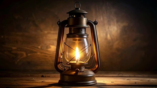 Antique oil lantern burning brightly against a rustic wooden background in warm tones.