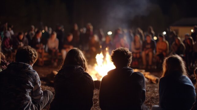Closeup of a group of youth gathered around a campfire, singing and sharing testimonies of how the mission trip has impacted their lives and strengthened their faith.