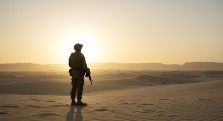 A lone soldier stands guard in a vast desert landscape at sunset.  The image evokes themes of duty, solitude, and the military.  Perfect for illustrating strength and resilience.