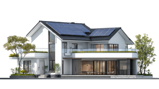 Solar Powered Residential Home Modern Architecture on Transparent Background


