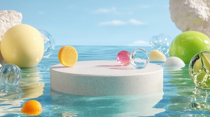 Round display podium floating on tranquil water with surreal colored sand and transparent glass shapes