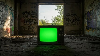 A vintage television with a glowing green screen for chroma key, left in a derelict, abandoned room with graffiti-covered walls and a sunlit doorway.
- Powered by Adobe