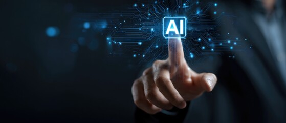 A hand pointing to a glowing AI symbol, surrounded by digital circuit-like elements