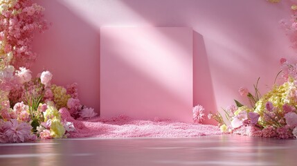 Pastel pink backdrop with frame of blooming florals, romantic and soft design