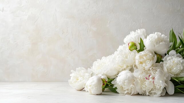 Peony blossom border in art style on clean pastel canvas for event or wedding use