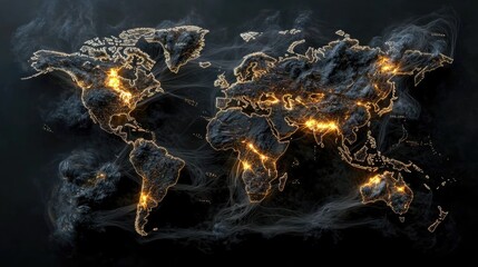 Network of glowing flight routes connecting major cities on a digital world map