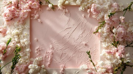 Modern floral composition of soft pink flowers framing minimalist pastel background