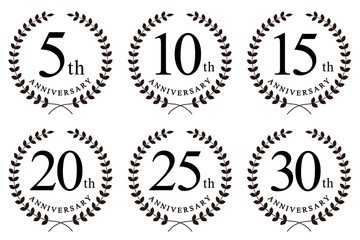 5周年・10周年・15周年・20周年・25周年・30周年のアニバーサリーロゴ(anniversarry logo エンブレム 月桂樹 お祝い ベクター 編集可能 シンプル モノクロ celebration)	
