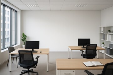 Clean modern open office interior with blank wall space perfect for corporate branding and professional presentation displays
