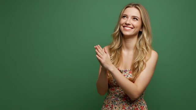 Happy and delighted young blonde woman clapping hands and looking up with a cheerful, dreamy smile, isolated on a green background with copy space.

