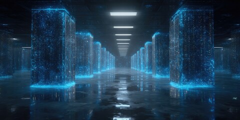 Futuristic server room with glowing, crystalline structures
