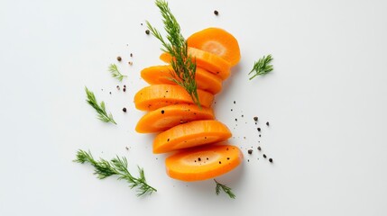 Sliced carrots with dill and peppercorns on white background.