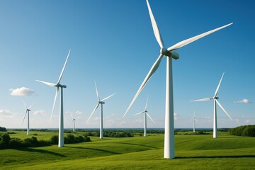 Fototapeta premium Wind turbine farm harnessing renewable energy in green landscape