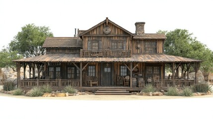 Wooden two-story house with porch and trees