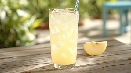 Apple juice, ice, and straw on a wooden table
