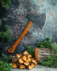 Axe near woodpile, evergreen branches; moody, rustic