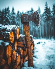 Axe stuck in woodpile, winter forest backdrop