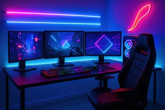Vibrant modern gaming setup with colorful RGB lighting and high-tech equipment in contemporary entertainment room